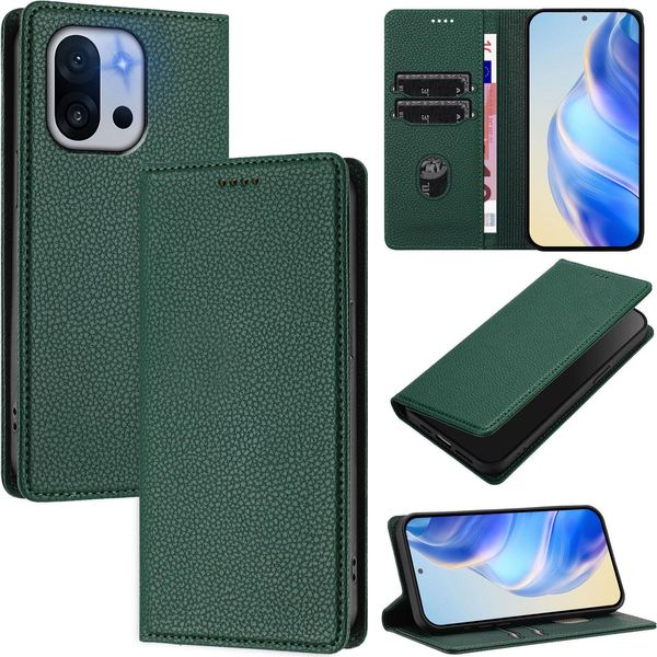 Custodia In Pelle Per Oneplus 13T, Pelle Litschi, Custodia A Portafoglio Con Slot Per Carte E Supporto Verde-image