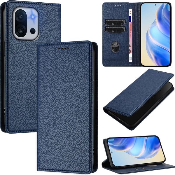 Custodia In Pelle Per Oneplus 13T, Pelle Litschi, Custodia A Portafoglio Con Slot Per Carte E Supporto Blu-image