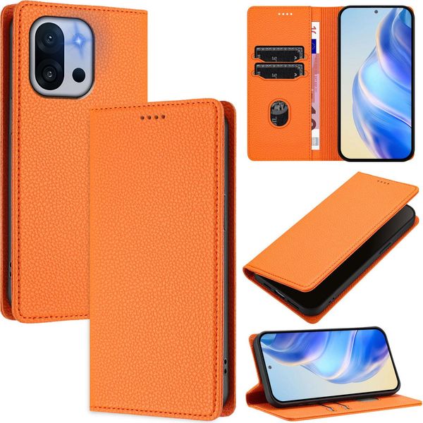 Custodia In Pelle Per Oneplus 13T, Pelle Litschi, Custodia A Portafoglio Con Slot Per Carte E Supporto Arancione-image