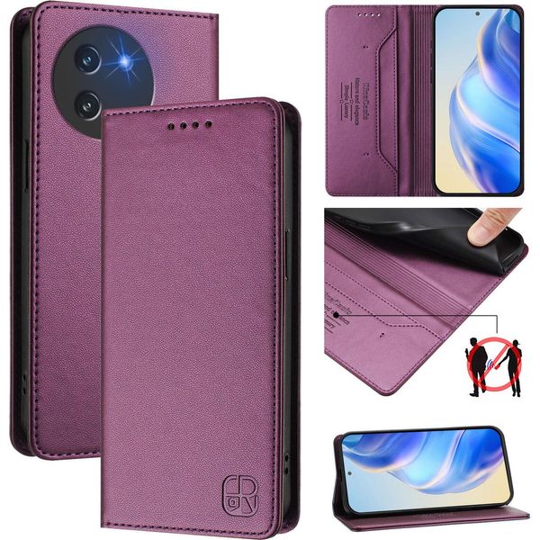 Custodia In Pelle Per Doogee Note 59 / Note 59 Pro, Custodia Flip Con Slot Per Carte, Portafoglio E Supporto Viola-image