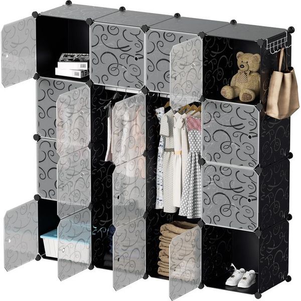 Clanmacy Sistema Di Scaffalatura Per Guardaroba Fai Da Te Scarpiera 16 Cubi Di Plastica Appendiabiti, 140X140X35Cm Bianco E Nero-image