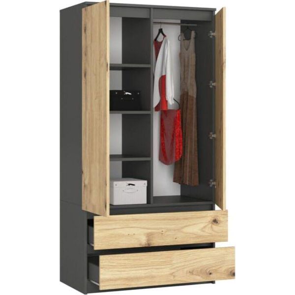 Bdw, Armadio 2 Ante, 2 Cassetti, 180X90X51 Cm, Grigio / Rovere Artisan-image