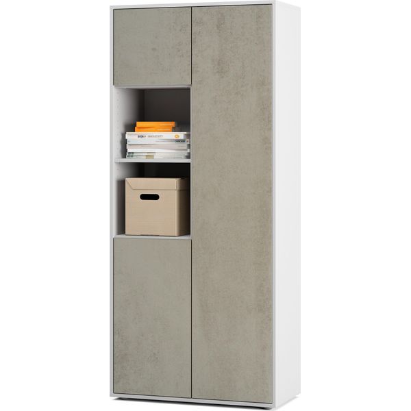 Simplyfurn Armadio Da Ufficio Amira T20 | Con 2 Vani Aperti | Armadio Per Documenti E Multiuso In Corpo Weiß E Frontale Cemento Ossidato | Push-To-Open | 180X80X40 Cm-image