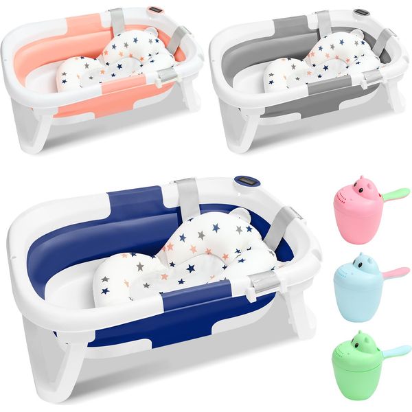 Aopunly Bagnetto Pieghevole Con Termometro E Cuscino Da Bagno - Bagnetto Pieghevole - Bagnetto Per Bambini - Grigio-image