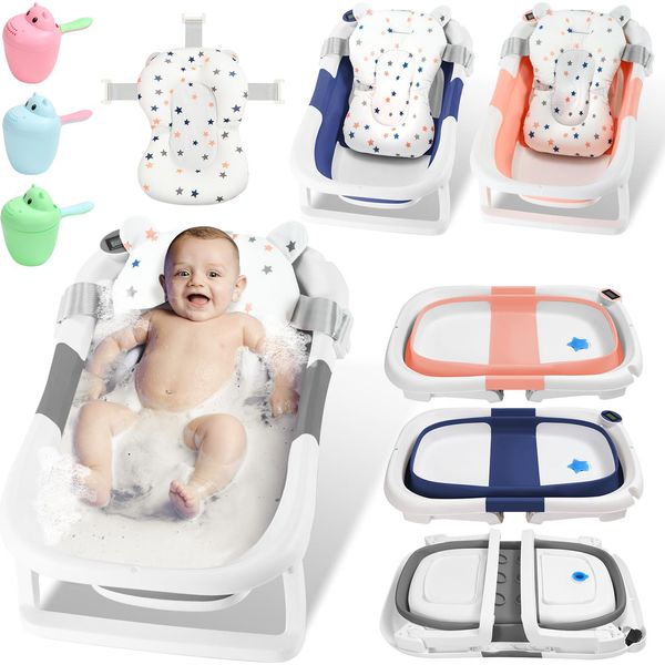Aopunly Bagnetto Pieghevole Con Termometro E Cuscino Da Bagno - Bagnetto Pieghevole - Bagnetto Per Bambini - Grigio-image