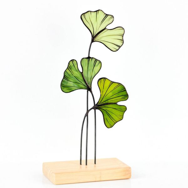 Avalglass Decorazione Da Tavolo Con Foglie Di Ginkgo In Vetro Colorato, 26 Cm, Fatta A Mano, Base In Legno, Stile Tiffany-image