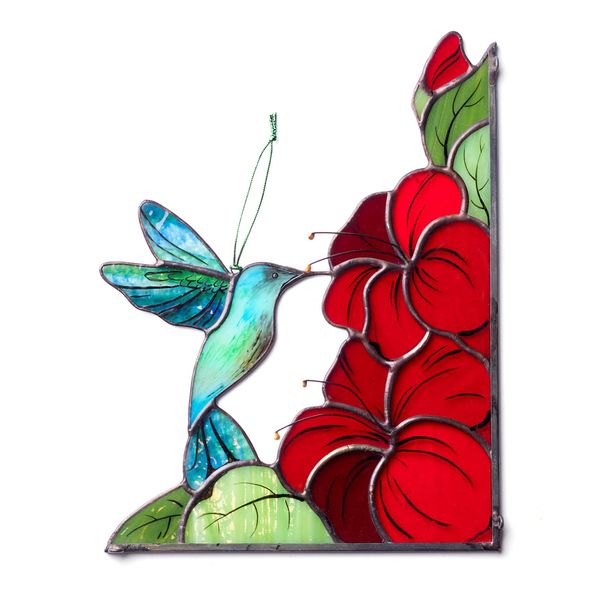 Quadro Da Finestra Avalglass Colibrì Con Ibisco In Vetro Colorato, 24X18 Cm, Stile Tiffany, Fatto A Mano, Angolo Della Finestra Da Appendere-image