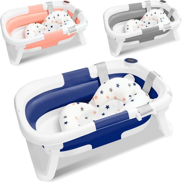 Jayseuw Bagnetto Pieghevole Con Termometro E Cuscino Da Bagno - Bagnetto Pieghevole - Bagnetto Per Bambini - Grigio-image