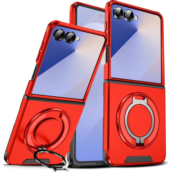 Custodia A Doppio Strato Per Samsung Galaxy Z Flip7, Con Copertura Scorrevole Della Fotocamera E Supporto Magnetico Ad Anello Rosso-image