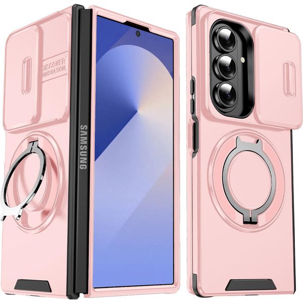 Custodia A Doppio Strato Per Samsung Galaxy Z Fold7, Con Copertura Scorrevole Della Fotocamera E Supporto Ad Anello Magnetico Rosa-image