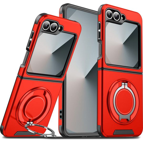Custodia A Doppio Strato Per Samsung Galaxy Z Flip6 / Z Flip7 Fe, Con Copertura Scorrevole Per La Fotocamera E Supporto Magnetico Ad Anello Rosso-image