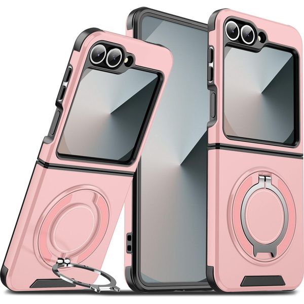 Custodia A Doppio Strato Per Samsung Galaxy Z Flip6 / Z Flip7 Fe, Con Copertura Scorrevole Della Fotocamera E Supporto Ad Anello Magnetico Rosa-image