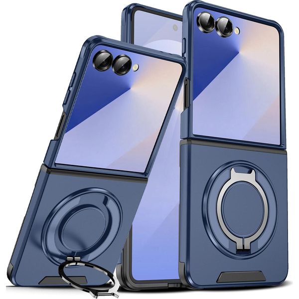 Custodia A Doppio Strato Per Samsung Galaxy Z Flip7, Con Copertura Scorrevole Della Fotocamera E Supporto Magnetico Ad Anello Blu-image