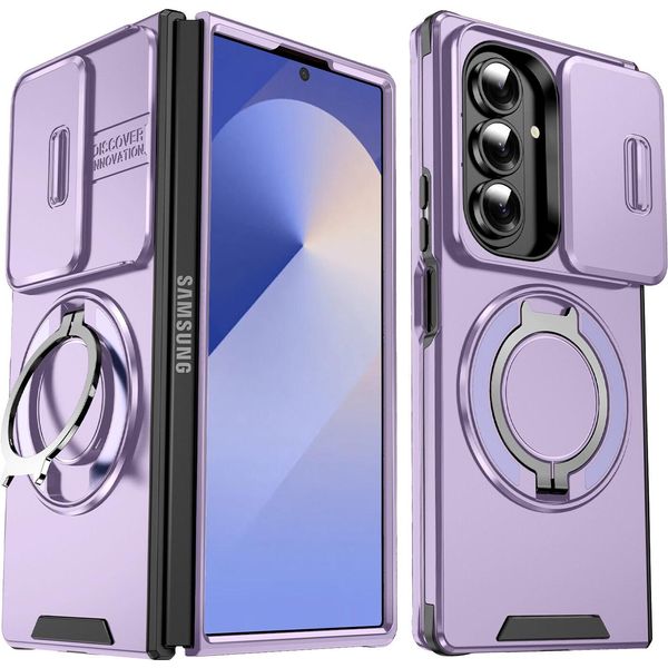 Custodia A Doppio Strato Per Samsung Galaxy Z Fold7, Con Copertura Scorrevole Della Fotocamera E Supporto Ad Anello Magnetico Viola-image