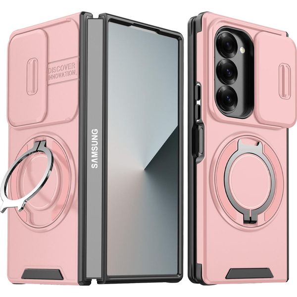 Custodia A Doppio Strato Per Samsung Galaxy Z Fold6, Con Copertura Scorrevole Della Fotocamera E Supporto Ad Anello Magnetico Rosa-image