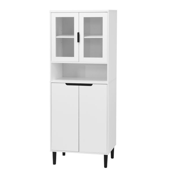 Libreria Alta Con Anta In Vetro Temperato E Piano Regolabile, 4 Ante, Mobile In Mdf Laccato, Bianco, Contenitore Per Soggiorno E Camera Da Letto-image