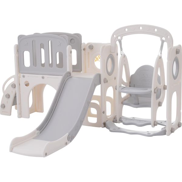 Scivolo Per Bambini Lvhom 7 In 1 Con Altalene, Scivolo Per Bambini Con Canestro, Scivolo Da Giardino Con Torre Gioco, Grigio-image