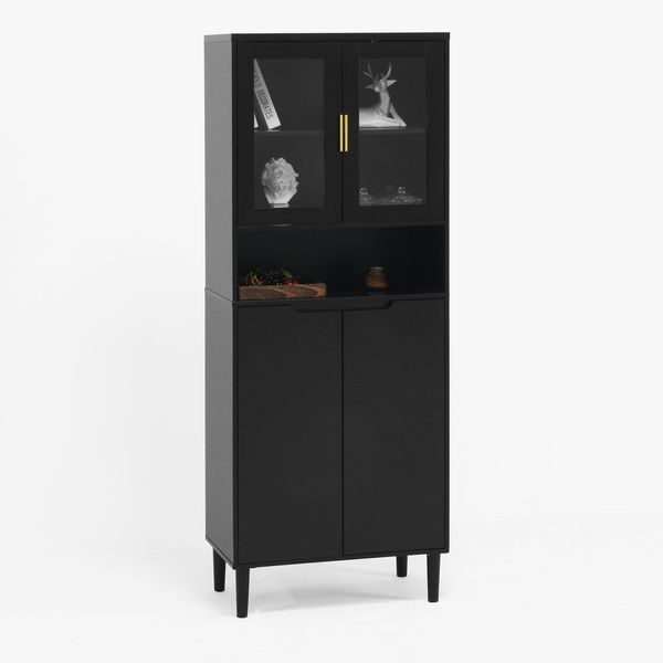 Libreria Alta Con Anta In Vetro Temperato E Piano Regolabile, 4 Ante, Mobile In Mdf Laccato, Nero, Contenitore Per Soggiorno-image