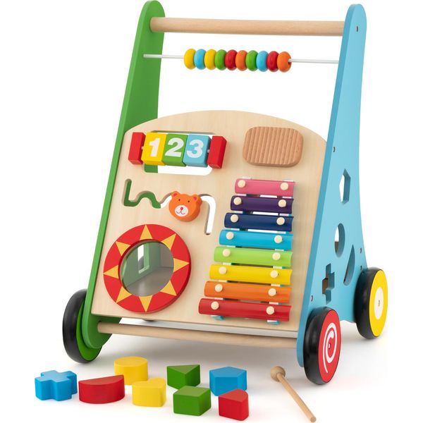 Deambulatore In Legno Costway, Deambulatore Per Bambini Con Maniglie Morbide, Pneumatici In Gomma E Attività Ludiche Integrate, Deambulatore Per Bambini Da 1+, Colorato-image