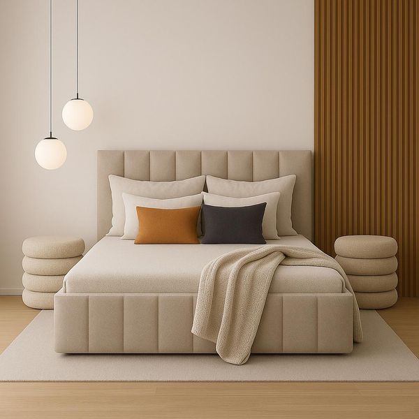 Letto Imbottito 160X200 Letto In Tessuto Boucle Beige Con Rete A Doghe In Legno E Vano Contenitore-image
