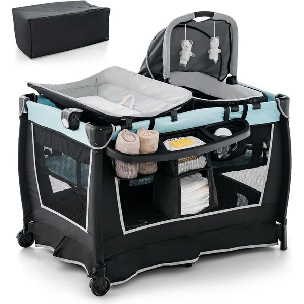 Costway 4 In 1 Lettino Da Viaggio Pieghevole & Fasciatoio & Box & Culla Con Funzione Dondolo, Incl. Cestino Per Bambini, Fasciatoio, Materasso, Carillon, Giocattoli, Ripiano E Navicella Grigio-image