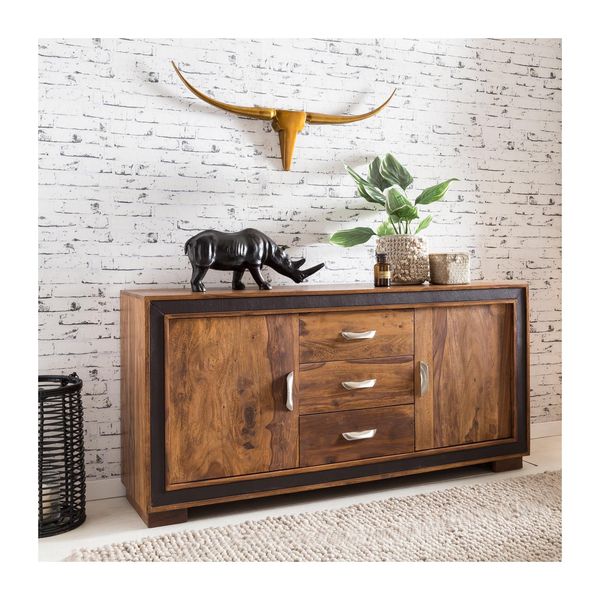 Massivholz Sideboard 160Cm Sheesham Kommode Mit 2 TüRen & 3 Schubladen Aufwendige Lederumrandung-image