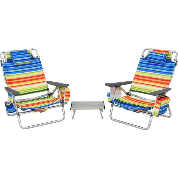 Costway Set Di 2 Sedie Da Spiaggia E Tavolo Con Schienale Regolabile, Borsa Del Ghiaccio, Sedie Da Campeggio Pieghevoli Multicolore-image