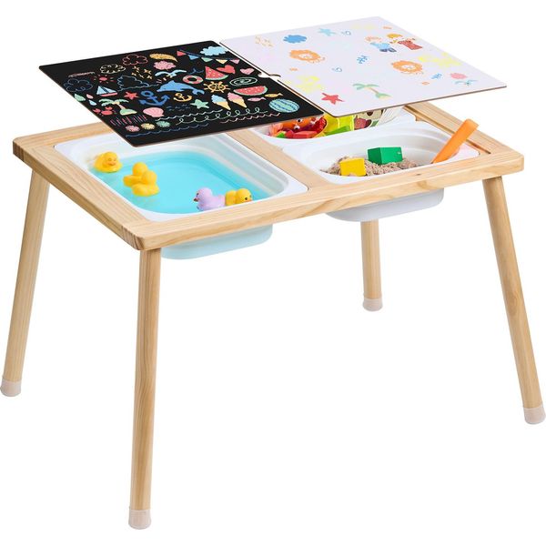 Succebuy Tavolo Sensoriale Per Bambini, 3 Contenitori, Lavagna Per Attività Su Due Lati, Tavolo Con Sabbia E Acqua, 120 Cm, Naturale-image