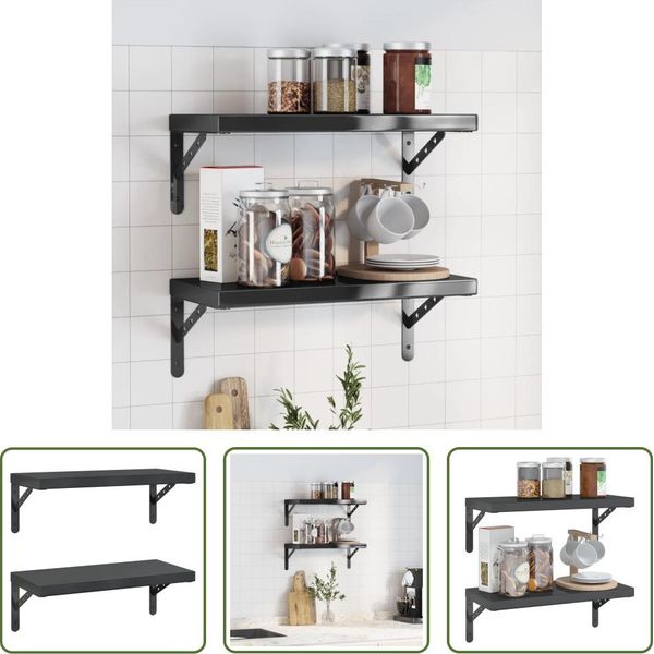 The Living Store Mensole A Muro 2 Pz. 50X23,5 Cm Nero Acciaio Inox-image
