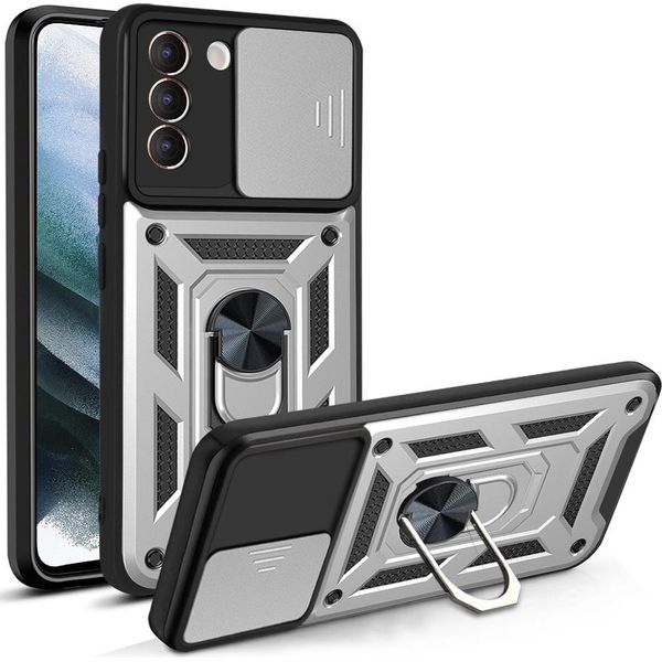 Galaxy S21+ Plus 5G Custodia Con Anello Magnetico Girevole A 360° Supporto Per Fotocamera Slide Protezione Tpu Bumper Silicone Custodia Protettiva Per Samsung Galaxy S21 Plus 5G Argento-image