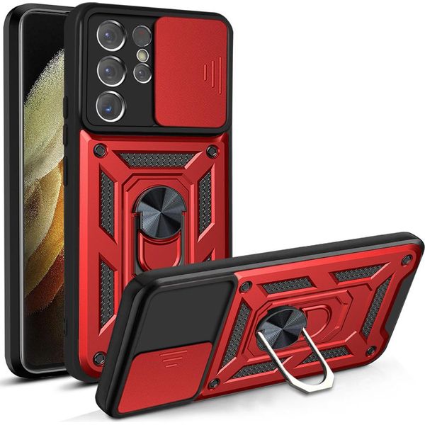 Galaxy S21 Ultra 5G Custodia Con Anello Magnetico Girevole A 360° Supporto Per Fotocamera Slide Protection Custodia Protettiva In Silicone Tpu Bumper Per Samsung Galaxy S21 Ultra 5G Rosso-image