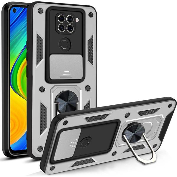 Redmi Note 9 Custodia Con Anello Magnetico Girevole A 360° Supporto Per Fotocamera Slide Protection Tpu Bumper Silicone Protective Case Per Xiaomi Redmi Note 9 Silver-image