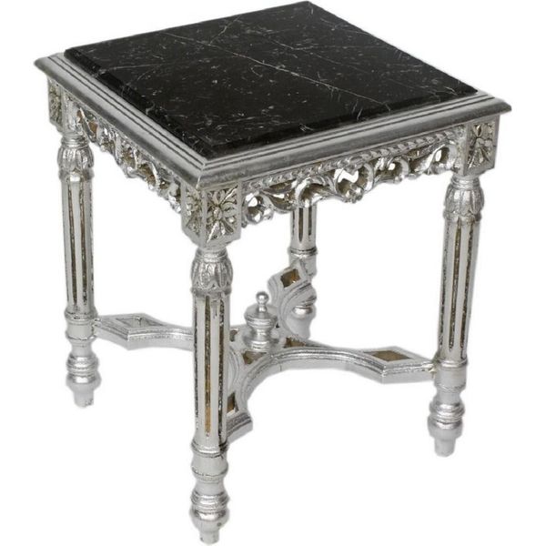 Casa Padrino Tavolino Barocco Argento / Nero - Tavolino In Legno Massiccio Fatto A Mano Con Piano In Marmo - Mobili Da Salotto Barocchi-image