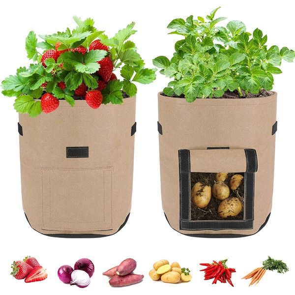 2 Pezzi Sacchetto Per La Semina Riutilizzabile Sacchetto Per La Semina Di Patate Sacchetto Per La Semina Di Pomodori Sacchetto Per La Semina Durevole Per Fiori Piante Ortaggi (7 Galloni, Marrone)-image