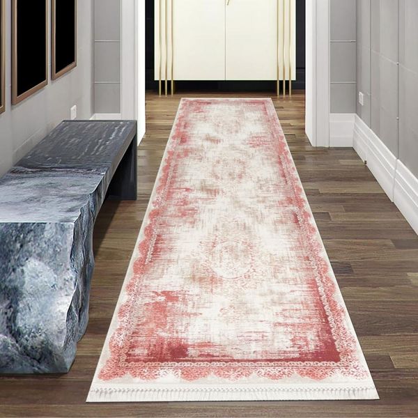 Tappeto Orientale Astratto In Lana Con Frange In Rosso Dimensioni - 80 X 300 Cm-image