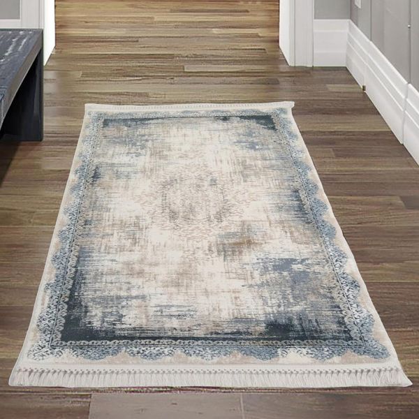 Tappeto Moderno In Lana Orientale Con Frange In Blu Dimensioni - 80 X 150 Cm-image