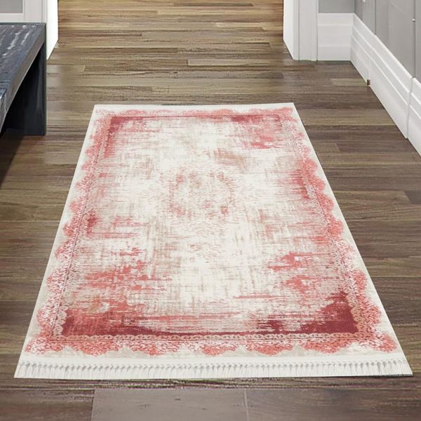 Tappeto Orientale Astratto In Lana Con Frange In Rosso Dimensioni - 80 X 150 Cm-image
