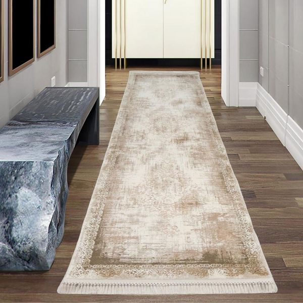 Tappeto Astratto In Lana Decorato Con Frange In Marrone Dimensioni - 80 X 300 Cm-image