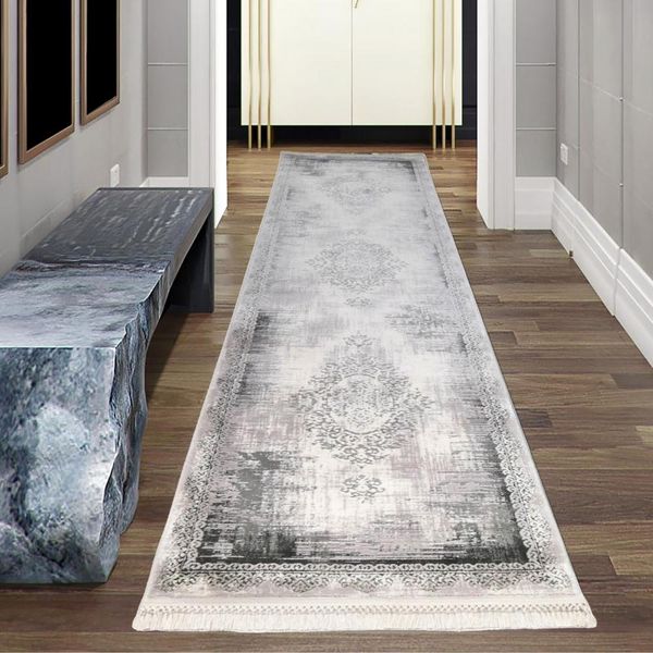 Tappeto Astratto In Lana Grigio Decorato Con Frange Dimensioni - 80 X 300 Cm-image