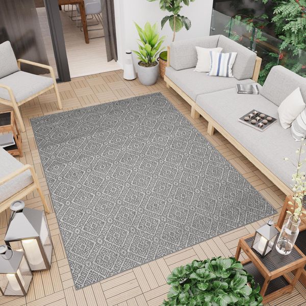 Tappeto Outdoor Indoor Grigio Check Grid Balcone Terrazza Resistente Alle Intemperie Uv 120 X 170 Cm-image