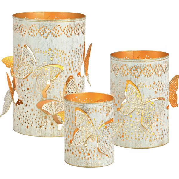 Set Di 3 Luci A Vento In Bianco / Oro - Farfalla - Metallo / Circa 20, 15, 13 Cm-image