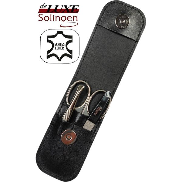 Set Manicure 3 Pezzi Solingen Con Custodia In Pelle, Forbici Per Unghie, Lima, Pinzette, Germany Nero-image