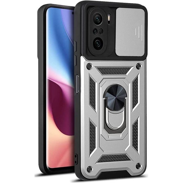 Xiaomi Poco F3 Custodia Con Anello Magnetico Girevole A 360° Supporto Per Fotocamera Slide Protection Custodia Protettiva In Silicone Tpu Bumper Per Xiaomi Poco F3 Argento-image