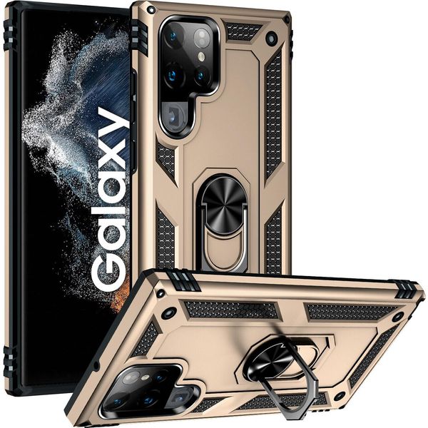 Custodia Per Samsung Galaxy S22 Ultra 5G A Doppio Strato Robusta, Protezione Militare Con Supporto Ad Anello E Supporto Oro-image