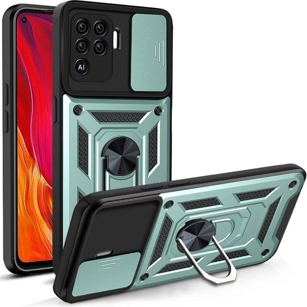 Oppo A94 4G Custodia Con Anello Magnetico Girevole A 360° Supporto Per Fotocamera Slide Protection Tpu Bumper Silicone Custodia Protettiva Per Oppo A94 4G Verde-image