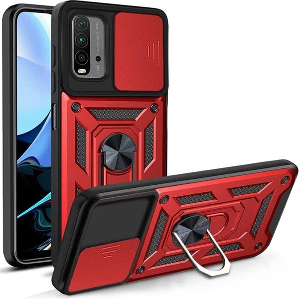 Xiaomi Poco M3 Custodia Con Anello Magnetico Girevole A 360° Supporto Per Fotocamera Slide Protection Tpu Bumper Silicone Protective Case Per Xiaomi Poco M3 Red-image