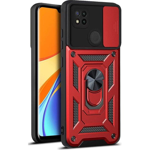 Xiaomi Poco C3 Custodia Con Anello Magnetico Girevole A 360° Supporto Per Fotocamera Slide Protection Tpu Bumper Silicone Custodia Protettiva Per Xiaomi Poco C3 Rosso-image