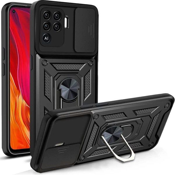 Oppo A94 4G Custodia Con Anello Magnetico Girevole A 360° Supporto Per Fotocamera Slide Protection Tpu Bumper Silicone Custodia Protettiva Per Oppo A94 4G Nero-image