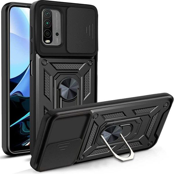 Xiaomi Poco M3 Custodia Con Anello Magnetico Girevole A 360° Supporto Per Fotocamera Slide Protection Custodia Protettiva In Silicone Tpu Bumper Per Xiaomi Poco M3 Nero-image