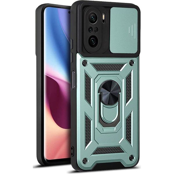 Xiaomi Poco F3 Custodia Con Anello Magnetico Girevole A 360° Supporto Per Fotocamera Slide Protection Tpu Bumper Silicone Custodia Protettiva Per Xiaomi Poco F3 Verde-image